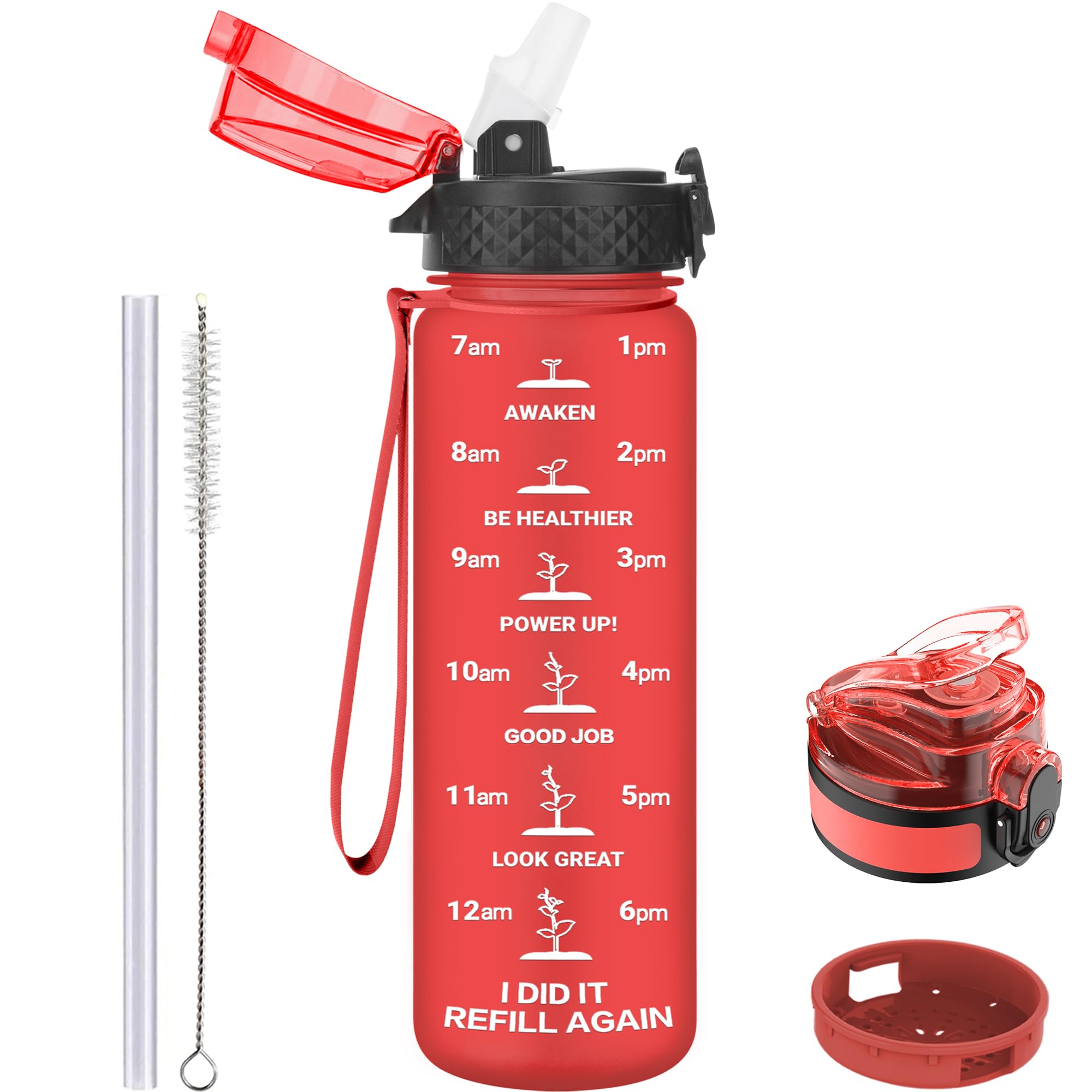 GOPPUS 500ml/17oz Kids Water Bottles with Straw Tritan Childrens Bottle with Flip Top Lid BPA Free Measured Drinks Bottle with Strap Sports Reusable Time Markings Leakproof (Solid Red) — image 1
