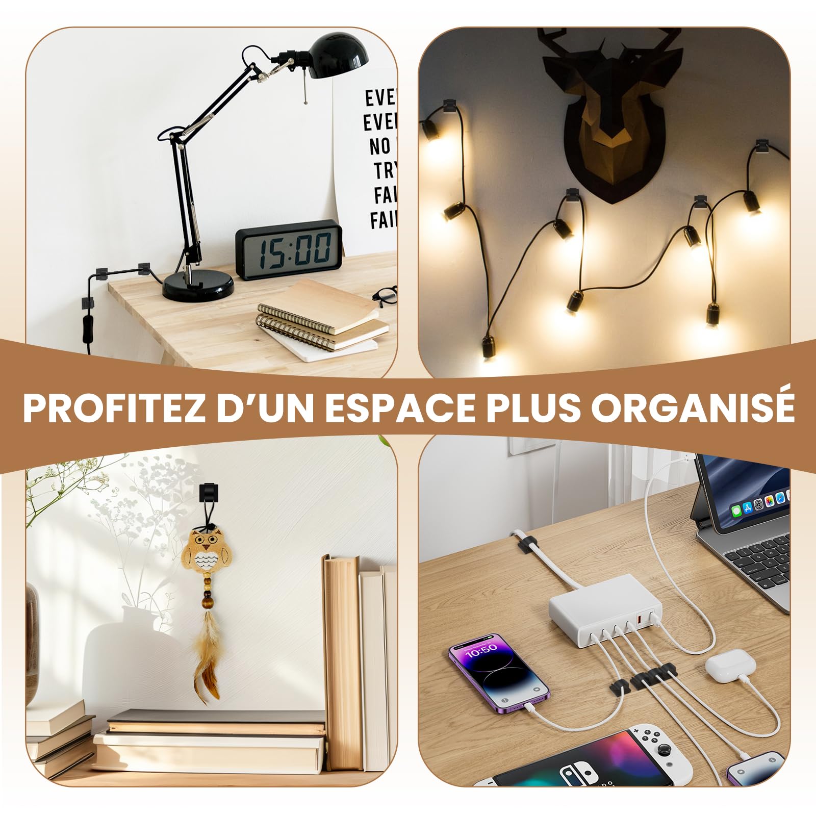 50 Pièces Attache Cable Adhésif, Clip Cable et Accroche Cable – Supports Gestion des Fils et Câbles Électriques, Noire