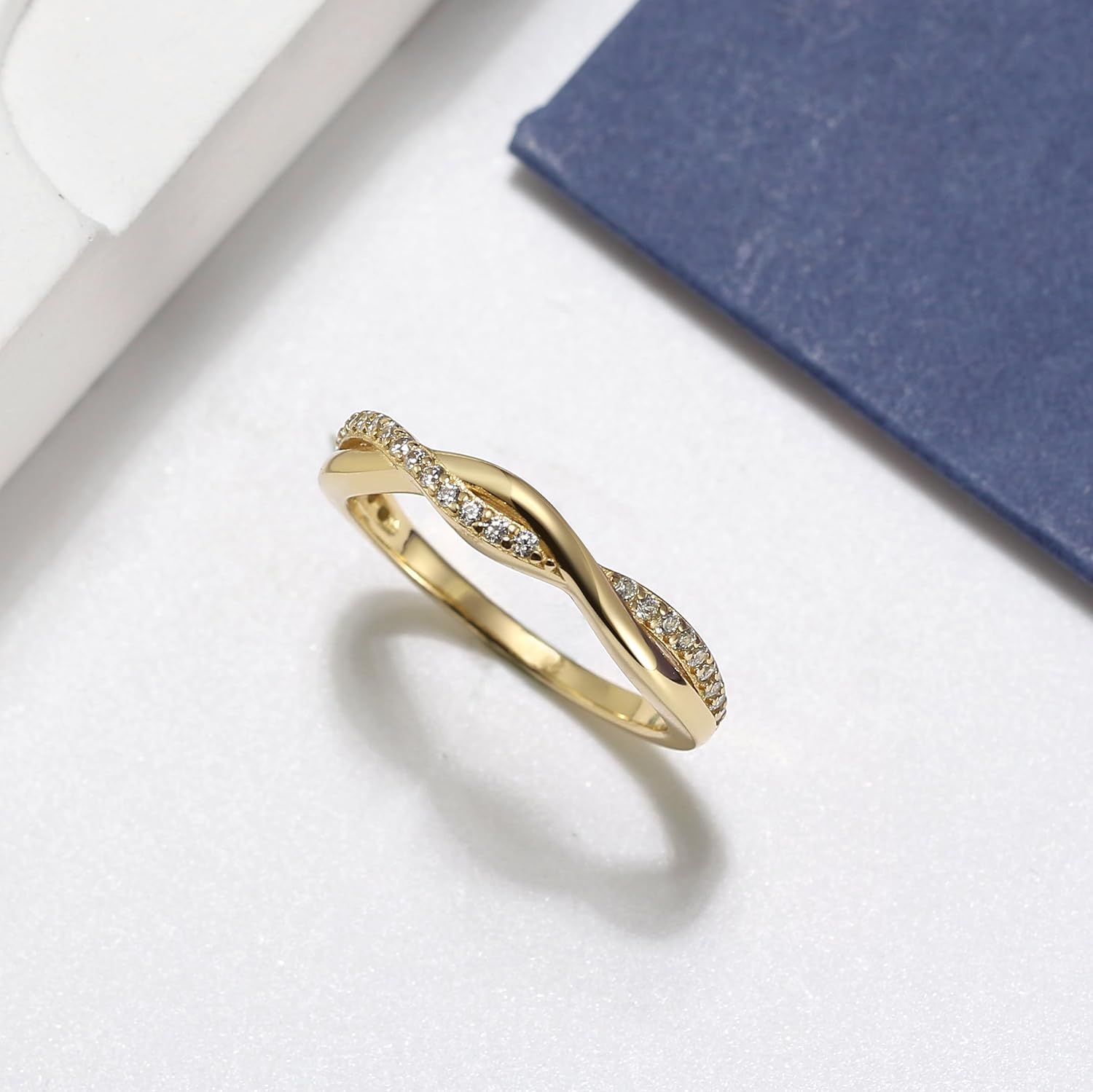 Queena Twisted Half Eternity Band for Women by Ginger Lyne | 3mm Sterling Silver Anniversary Band Wedding Ring with Cubic Zirconia Fashion Bridal Jewelry Stackable