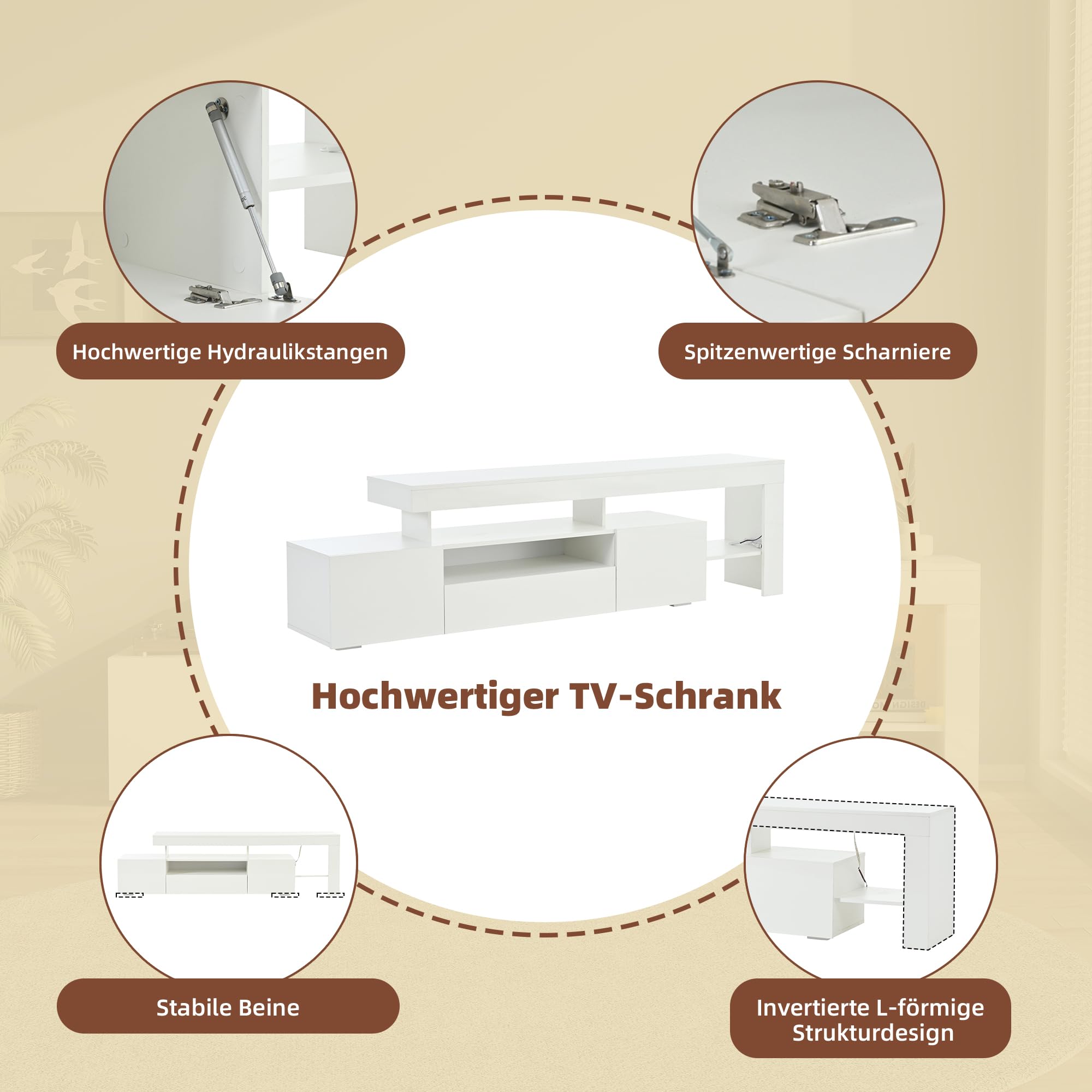 Merax TV-Schrank Weiß, TV Lowboard Hochglanz, mit LED-Beleuchtung, 192cm lang Fernsehtisch für 85 Zoll Fernseher, Moderne TV Bank aus Holz mit Drei Klapptüren, offene Regale, TV-Kommode für Wohnzimmer