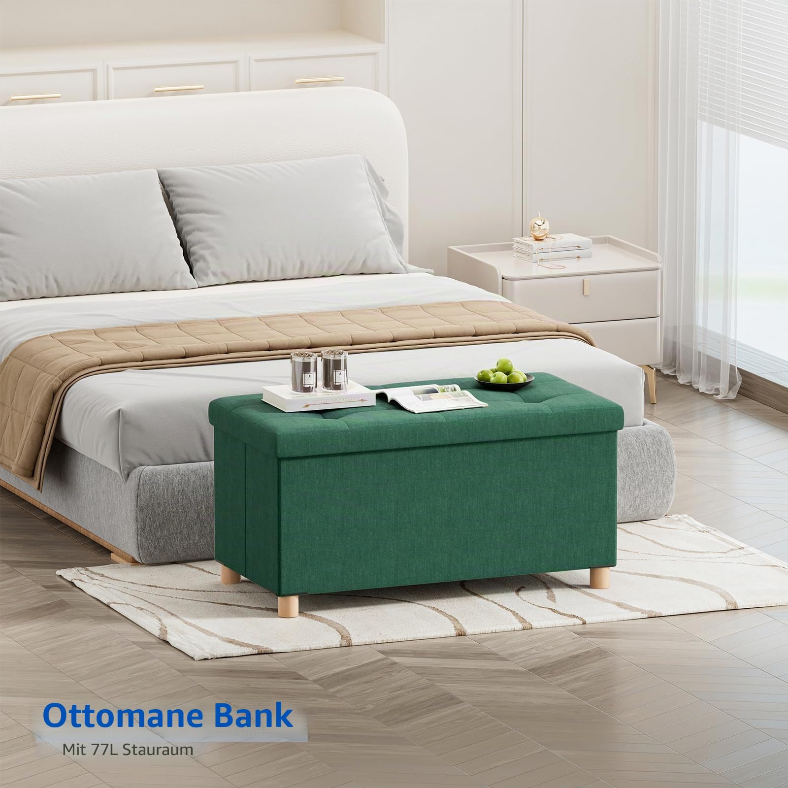 BRIAN & DANY Ottoman-Aufbewahrungsbox mit 4 Holzbeinen, Leinen-Aufbewahrungs-Ottoman für Wohnzimmer, Dunkelgrün, 76x38x38 cm