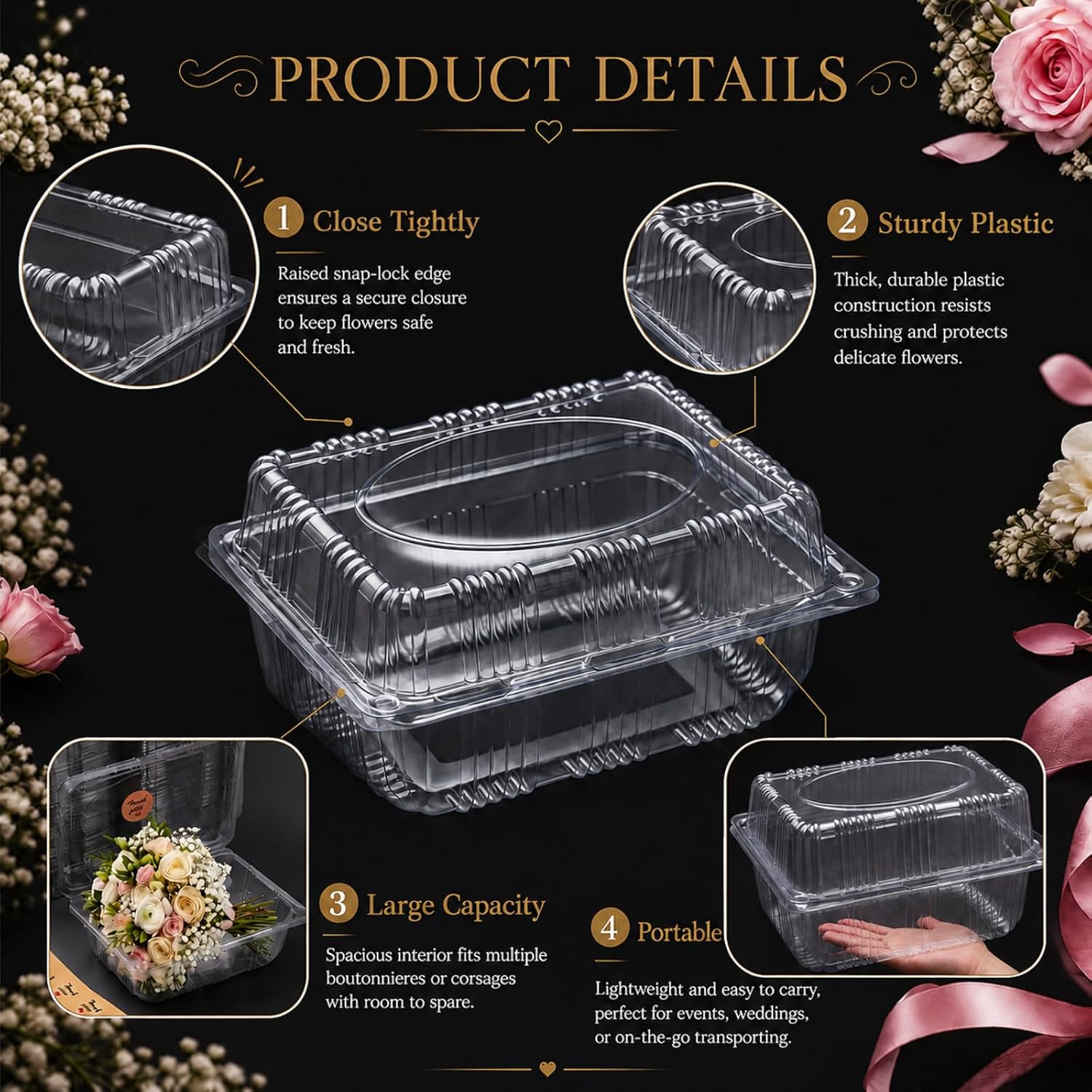 LemonRoad 50 Pcs Large Clear Plastic Corsage Boxes with Stickers