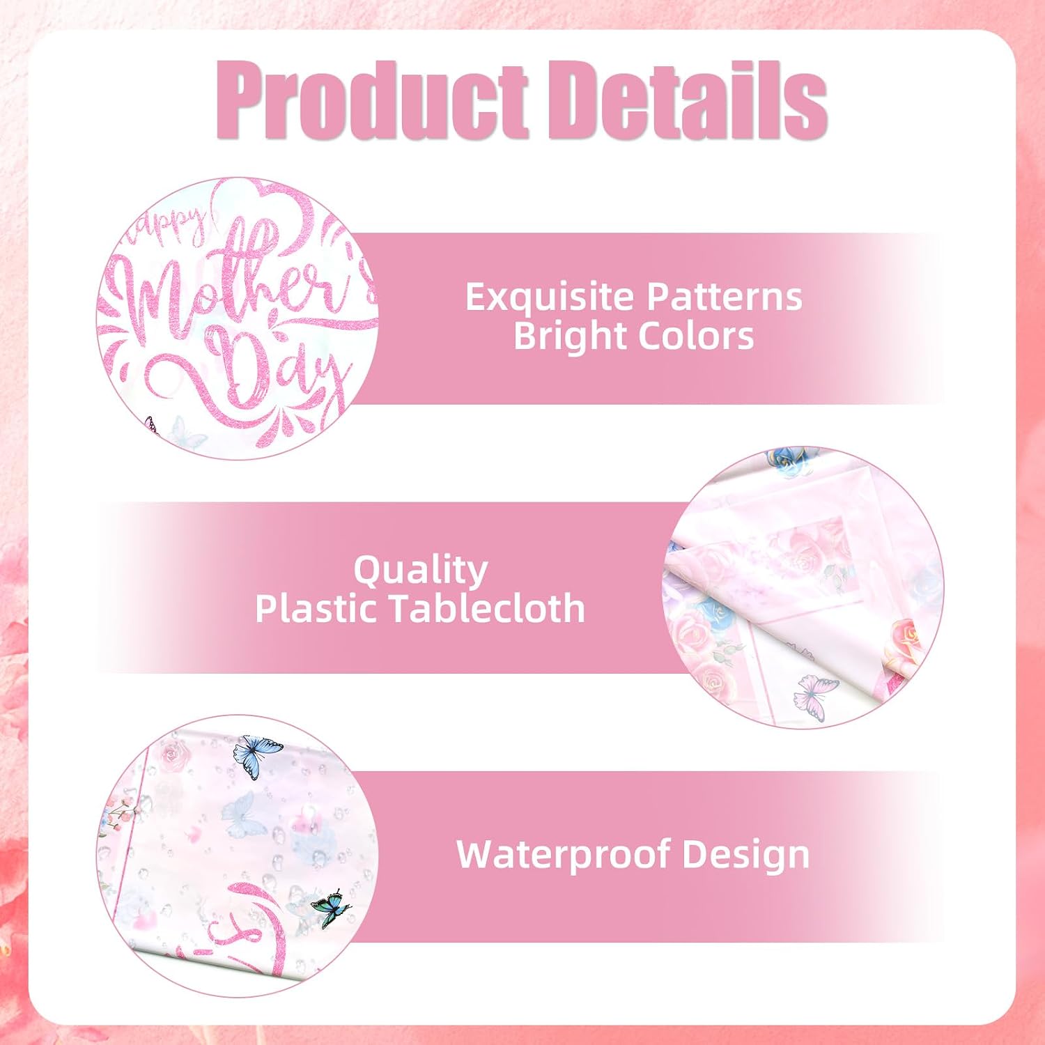 3-Piece 54 x 108 Inch Mother’s Day Plastic Tablecloths – Floral Rose Disposable Rectangle Table Covers with “Happy Mother’s Day” Design for Mom Celebration, Brunch, and Mother’s Day Party Decorations image 3