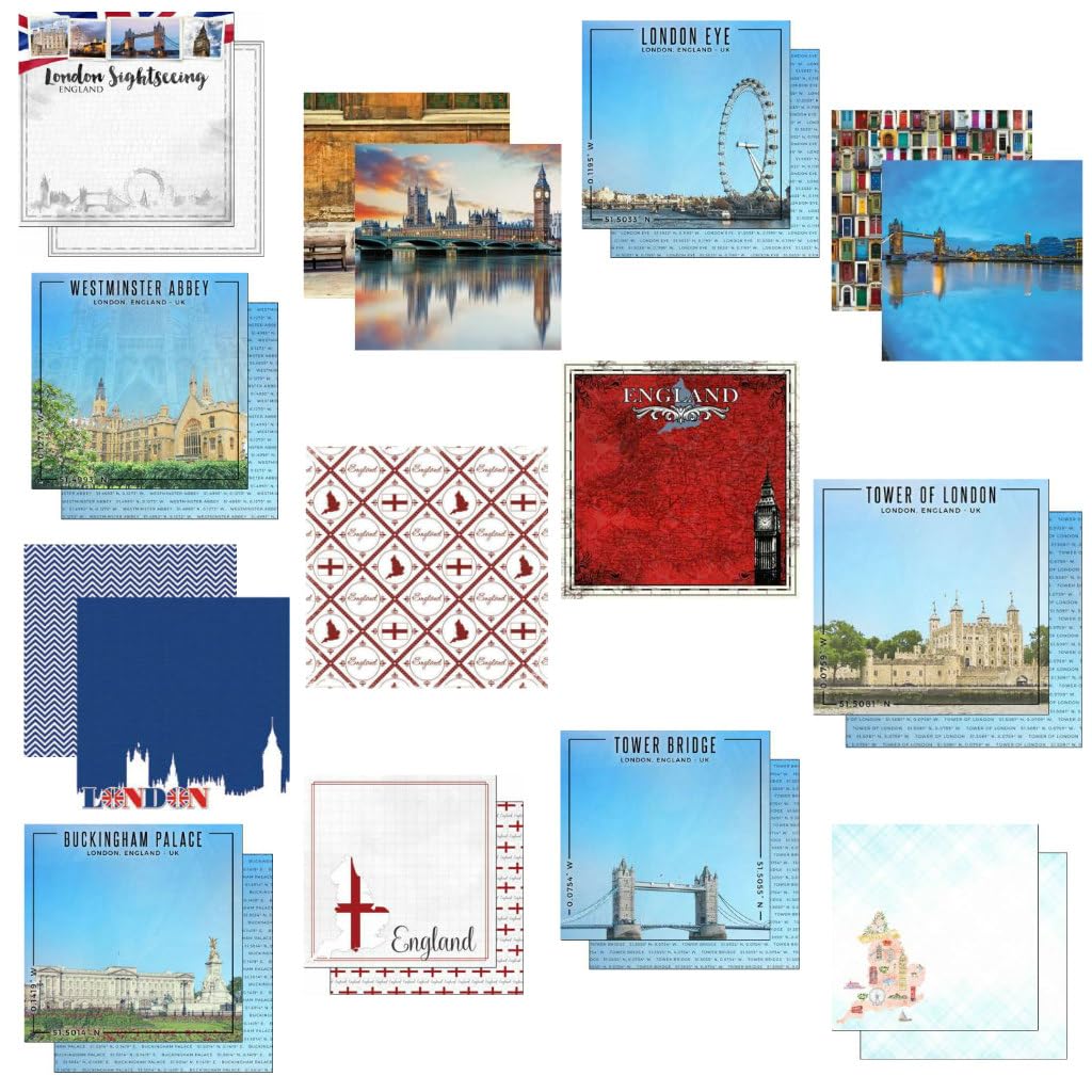 Custom Bundle - 13 London England Travel Vacation Themed 12" x 12" Scrapbook Papers - Various Brands