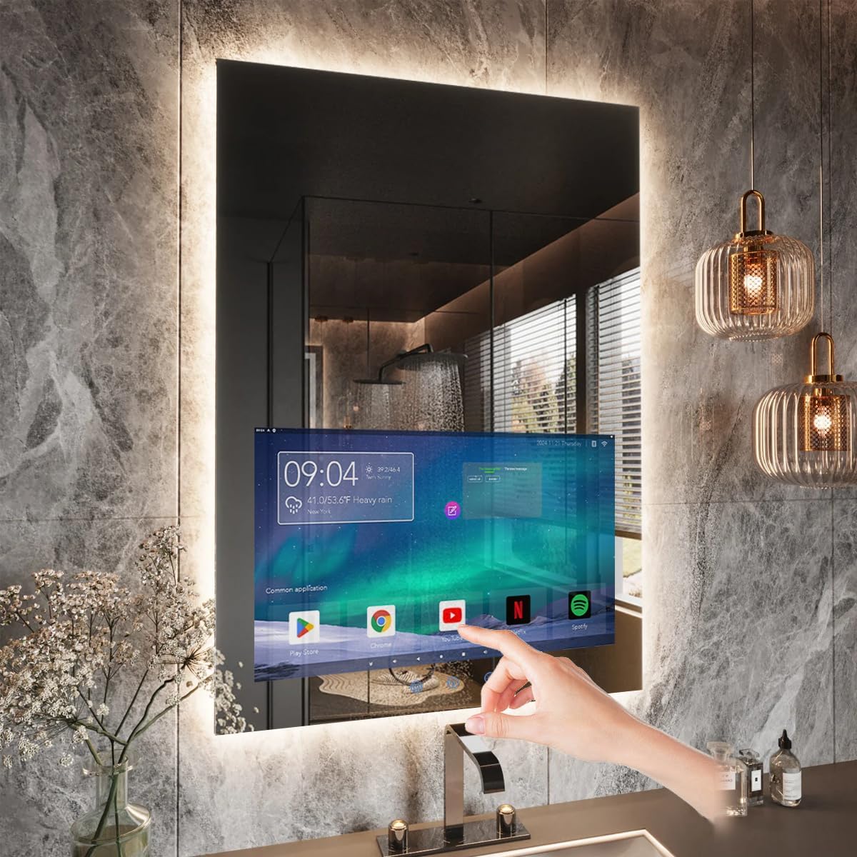 Haocrown 24x32 Inch Bathroom Vanity Mirror with 21.5" Touch Screen Smart System, Side-Lit LED Ambient Lighting, IP66 Waterproof & Anti-Fog, Streaming Apps, Wi-Fi Bluetooth HDMI, Wall Mounted (2025)