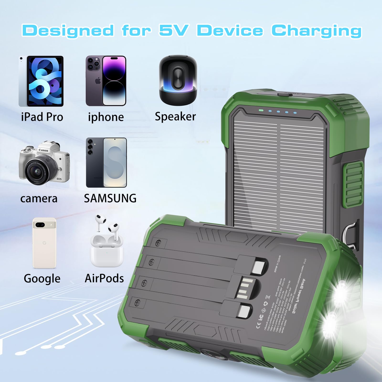 Chargeur solaire 20 000 mAh, chargeur portable sans fil avec câbles intégrés, chargeur de batterie à charge rapide USB-C, chargeur de téléphone extérieur avec double lampe de poche LED pour camping