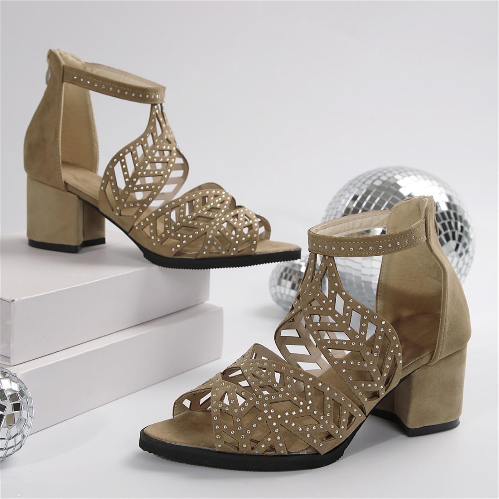 SACFOF Sandalias de tacón de bloque con diamantes de imitación para mujer, con correa al tobillo, sandalias de tacón grueso, sandalias romanas