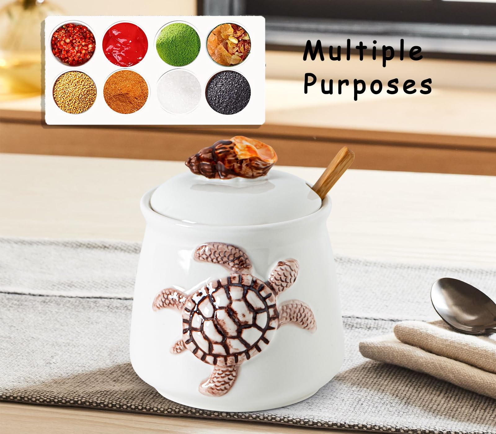 dgudgu Azucarero de tortuga con tapa, tarro de azúcar de cerámica con tapas de caracola, contenedor de azúcar con cuchara, plato de azúcar blanco con tapa y cuchara, soporte para azúcar