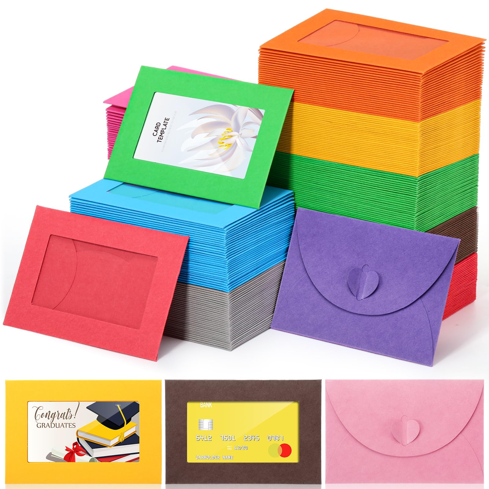 Uiifan Geschenkkarten-Umschläge mit Sichtfenster, 10,2 x 7,1 cm, Mini-Umschläge mit herzförmigem Verschluss, für Geschäftsparty-Einladungen, bunt, 300 Stück