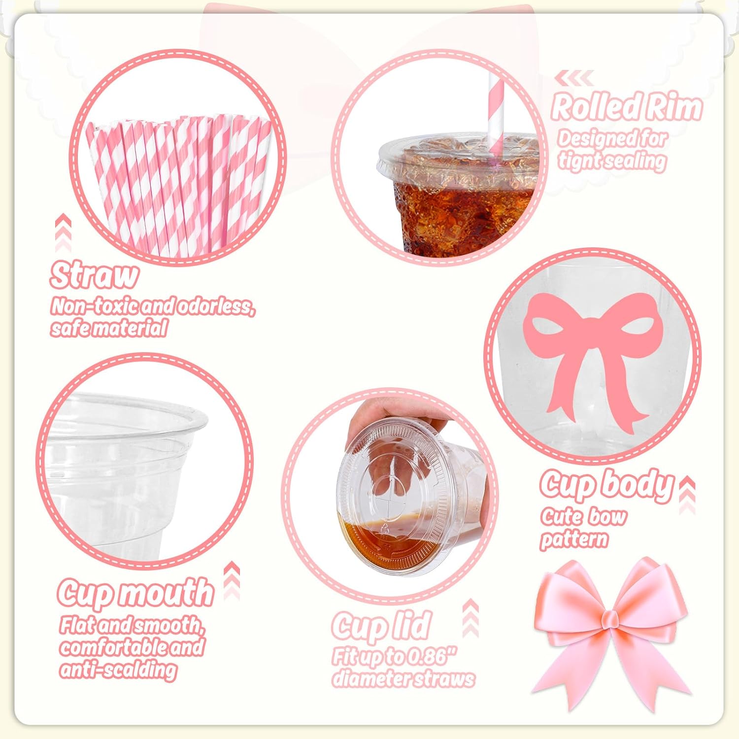Whaline 50Pcs Pink Bow Disposable Plastic Cups with Lids and Straws 12Oz Lovely Bowknot Cold Beverage Drinking Cups for Wedding Birthday Bridal Baby Shower Party Supplies - Image 3