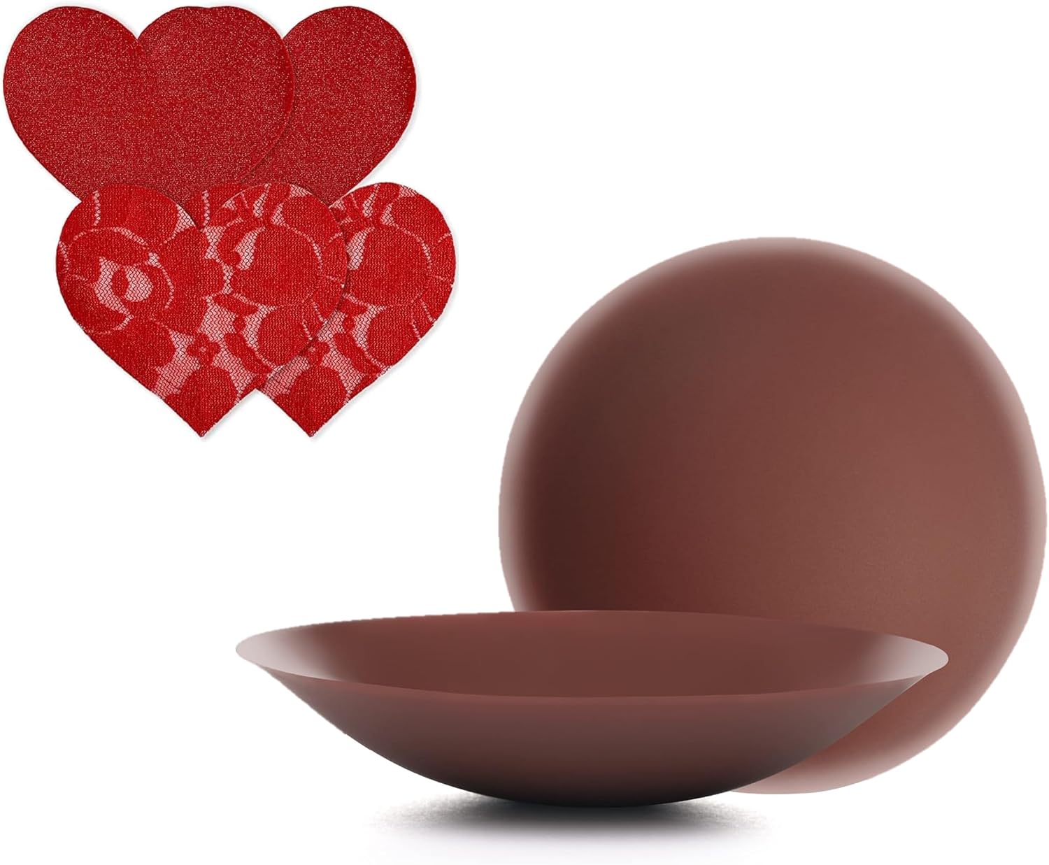 Nippies Adhesive Nipple Covers + Fabric Pasties Set - 1 Pair of Reusable Silicone Covers Hazelnut Size 2 + 2 Pairs of Red Heart-Shaped Fabric Pasties, Discreet, Skin-Friendly, Chic Travel Box Included