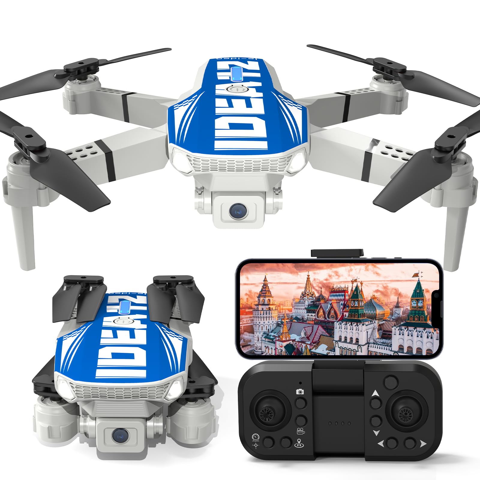 LE-IDEA Dron con Cámara 1080P, IDEA12 Mini Drones para Principiantes, Cámara de 90°, Posicionamiento Óptico por Flujo, Modo sin Cabeza, Dron Plegable para Adultos, Cuadricóptero RC, Azul