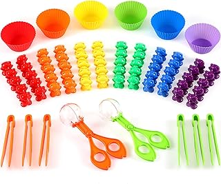 74 Pieces Counting Sorting Bears Fine Motor Skills Handy Scoopers Set Includes 60 Cute Rainbow Sorting Bears, 6 Jumbo Tweezers, 2 Scissors Clips and 6 Colorful Sorting Cups for Fine Motor Skills