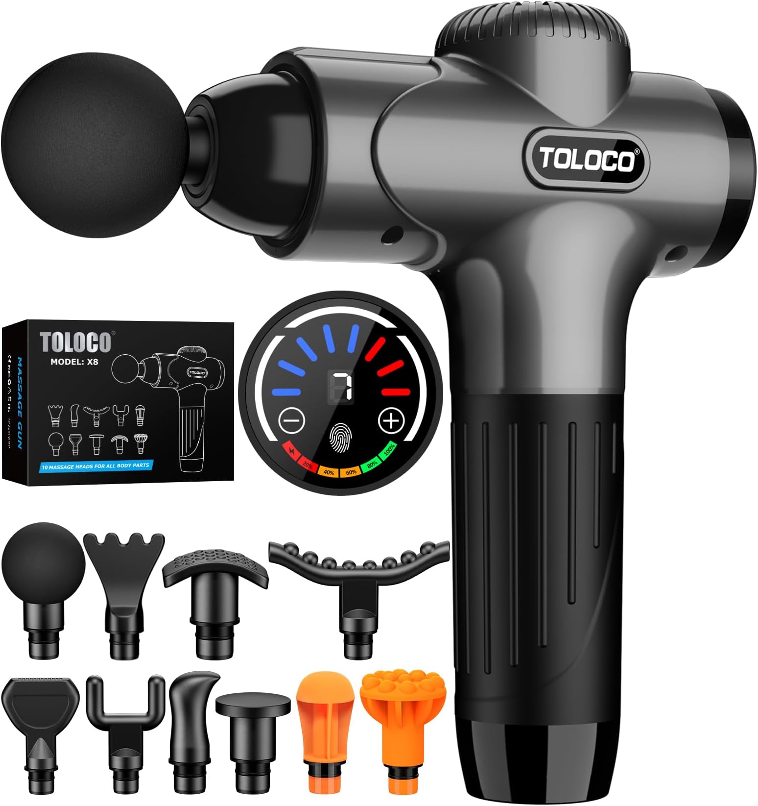 TOLOCOMassage Gun Deep Tissue, Percussion Massage Gun with 10 Replacement Heads, Super Quiet Portable Electric Massager for Athletes, Relax, Gray