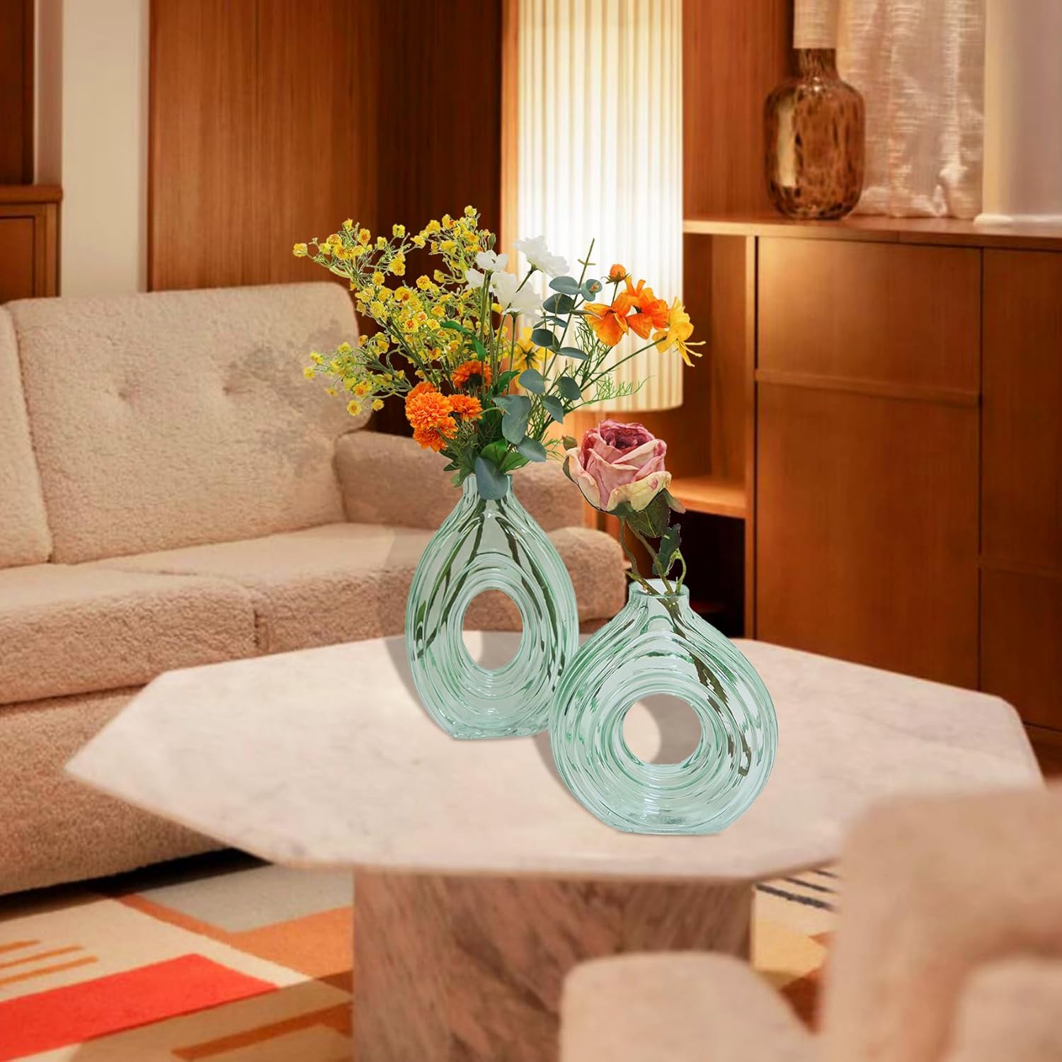 Glass Flower Vase 2 Set of Green Thickened Heavy Vintage Large Vases for Minimalist Nordic Retro Modern Ins Boho Style Parties Wedding Decorations, Office Home Decor, Housewarming Gift (2Pack, Green)