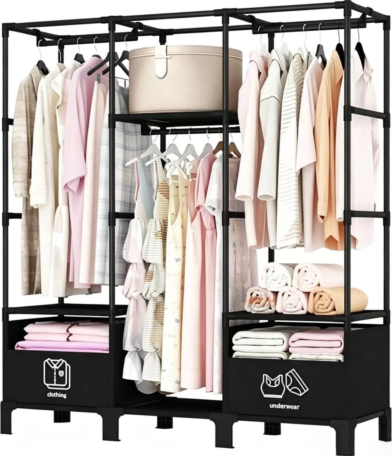 Portable Closet, Easy Assembly, Large Capacity Wardrobe Closet, Sturdy and Stable Clothes Rack with Shelves Hanging Rods, for Bedroom and Cloakroom Black