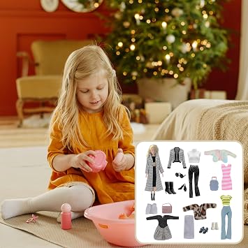 Doll Clothes Compatible with Barbie Clothes, Including 6 Fashion Sets, 1 Handbag, 1 Suitcase, 1 Glasses, 6 Pairs of Shoes for 11.5 inch Dolls on Christmas Holiday