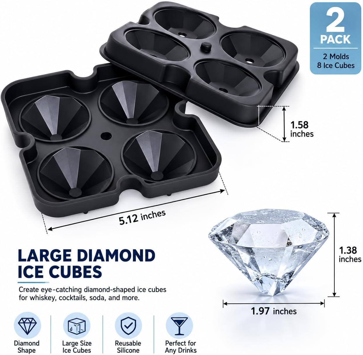 2 Pack Diamond Ice Cube Tray Silicone Mold with Lid, 4 Large Gem-Shaped Ice Cubes per Tray, Reusable Ice Mold for Whiskey Bourbon Cocktails Drinks, Flexible Easy-Release Ice Cube Maker(Black/Blue)