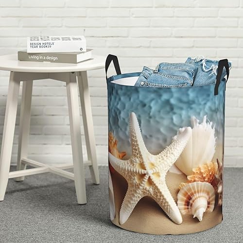 Miniatura 8 de Starfish Coral and Seashell print Circular Hamper Waterproof Storage Bin Organizer Basket Laundry Hamper With Handles For Clothes Toys Medium