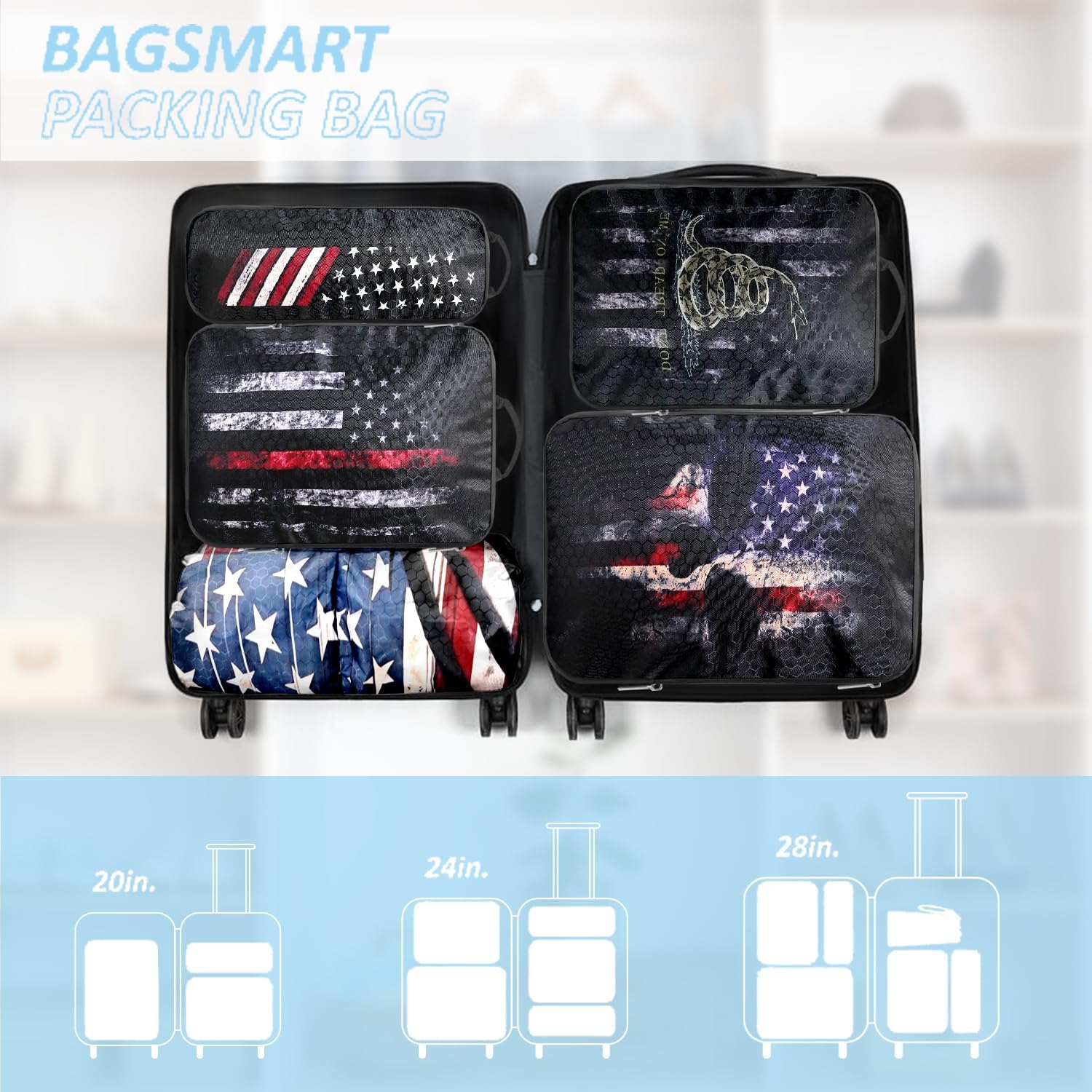 National flag Compression Packing Cubes Set (7 Piece) - 1776 flag Travel Organizer Bags Essential Bag for Clothes Shoes Cosmetics Toiletry