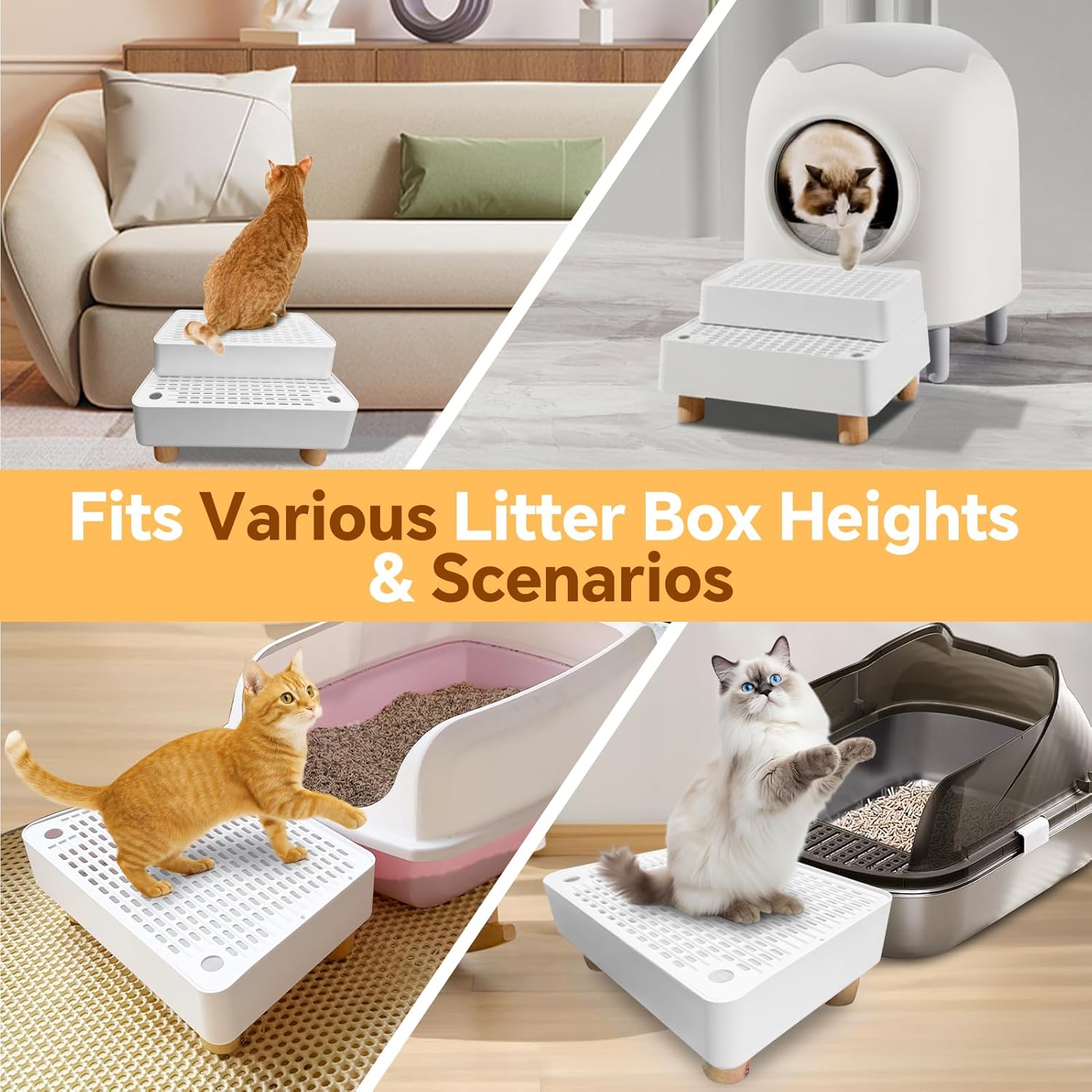 Litter Box Step,2 Steps Litter Box Ramp with Wooden Base,Cat Litter Catcher,Height-Adjustable for Small & Elderly Cats,White