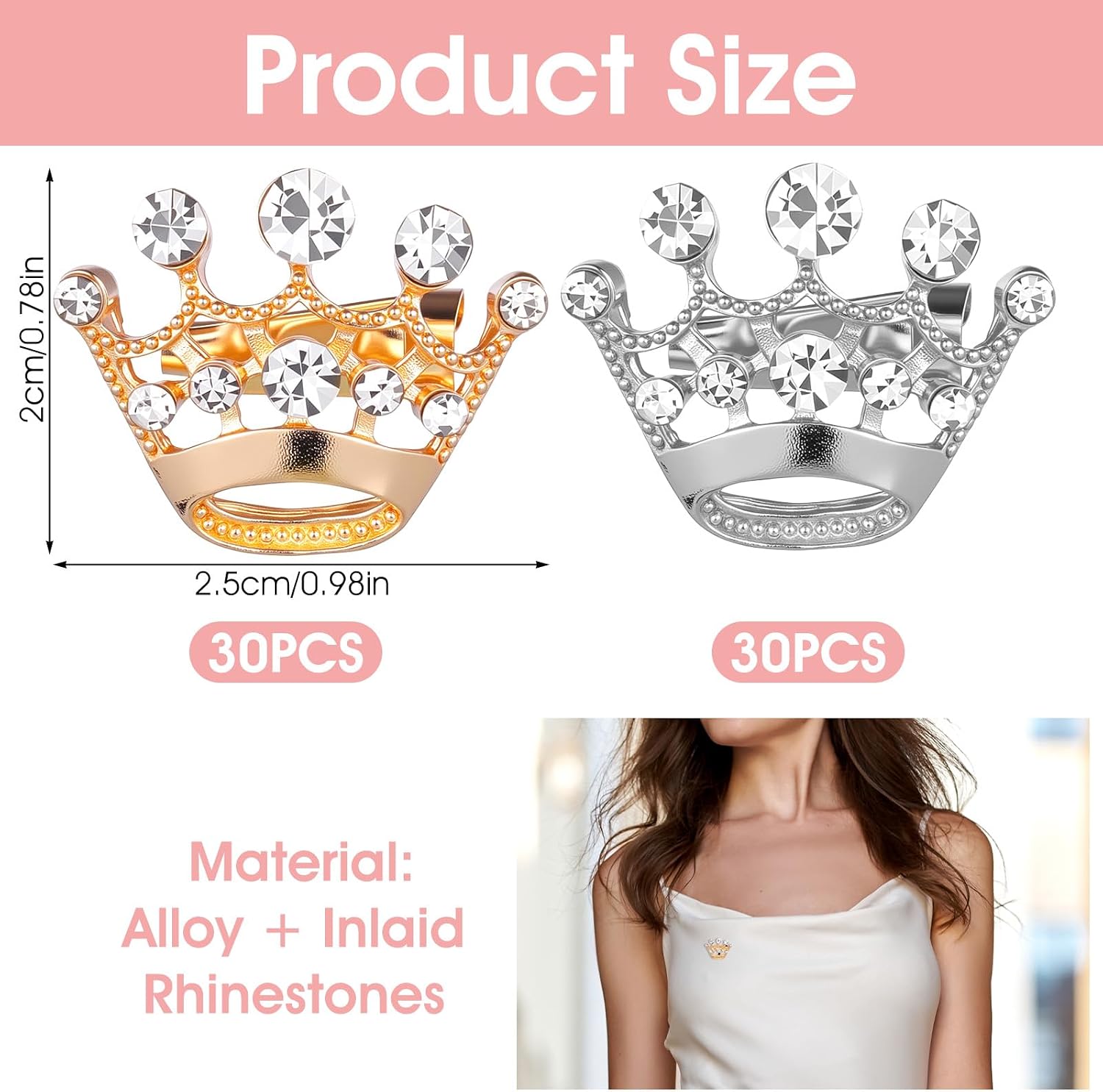 60 PCS Crown Brooch Pins for Women Fashion, Gold Plated Alloy Rhinestone Crown Pins for Suit Jacket Dress Wedding Party Pageant Decorative Holiday Gift Bulk
