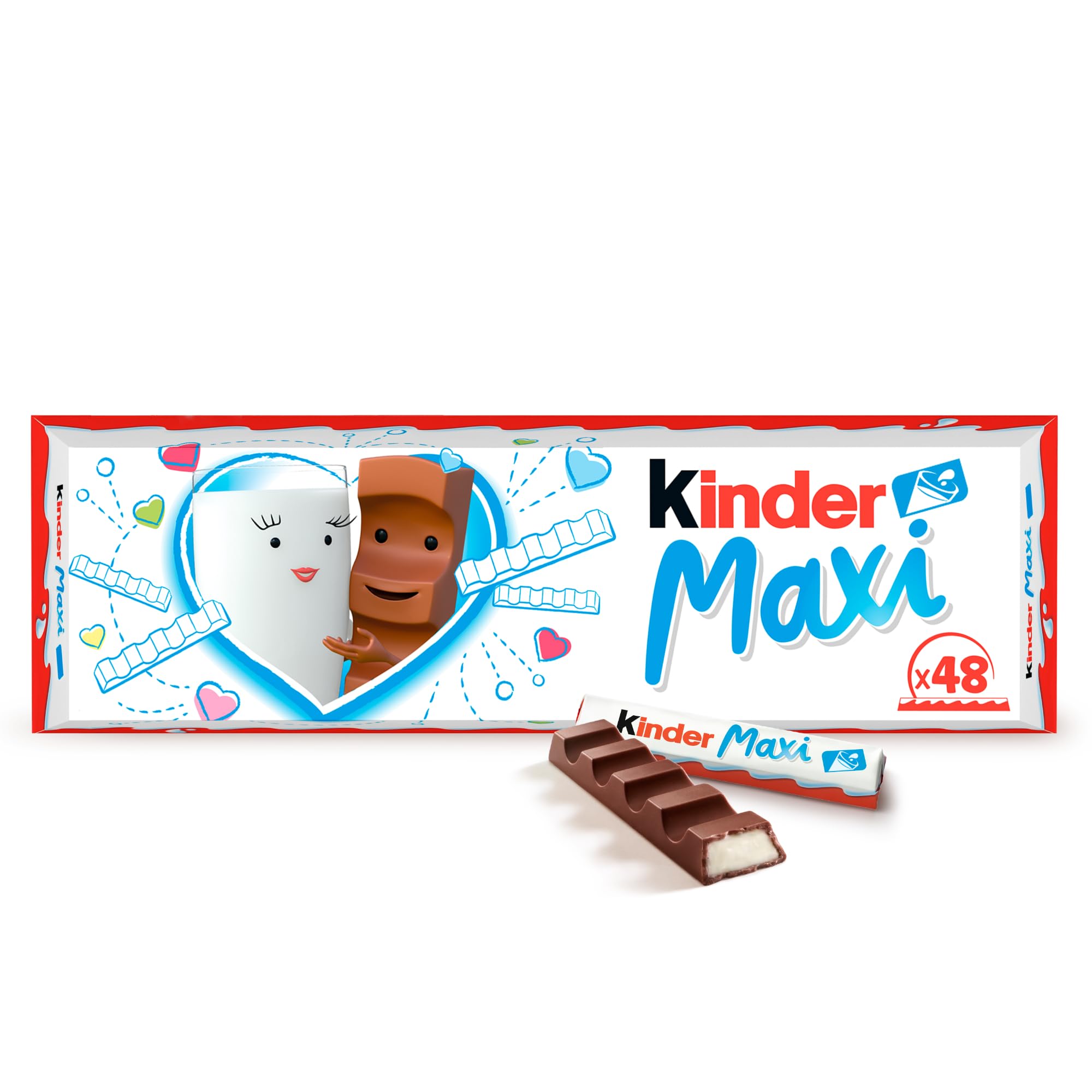 Kinder Maxi - 48 Barrette Ripiene al Latte e Ricoperte di Finissimo Cioccolato Puro Cacao, Senza Glutine, Ideali Come Dolcetti per Feste e Compleanni, Maxi Confezione da 1008 gr
