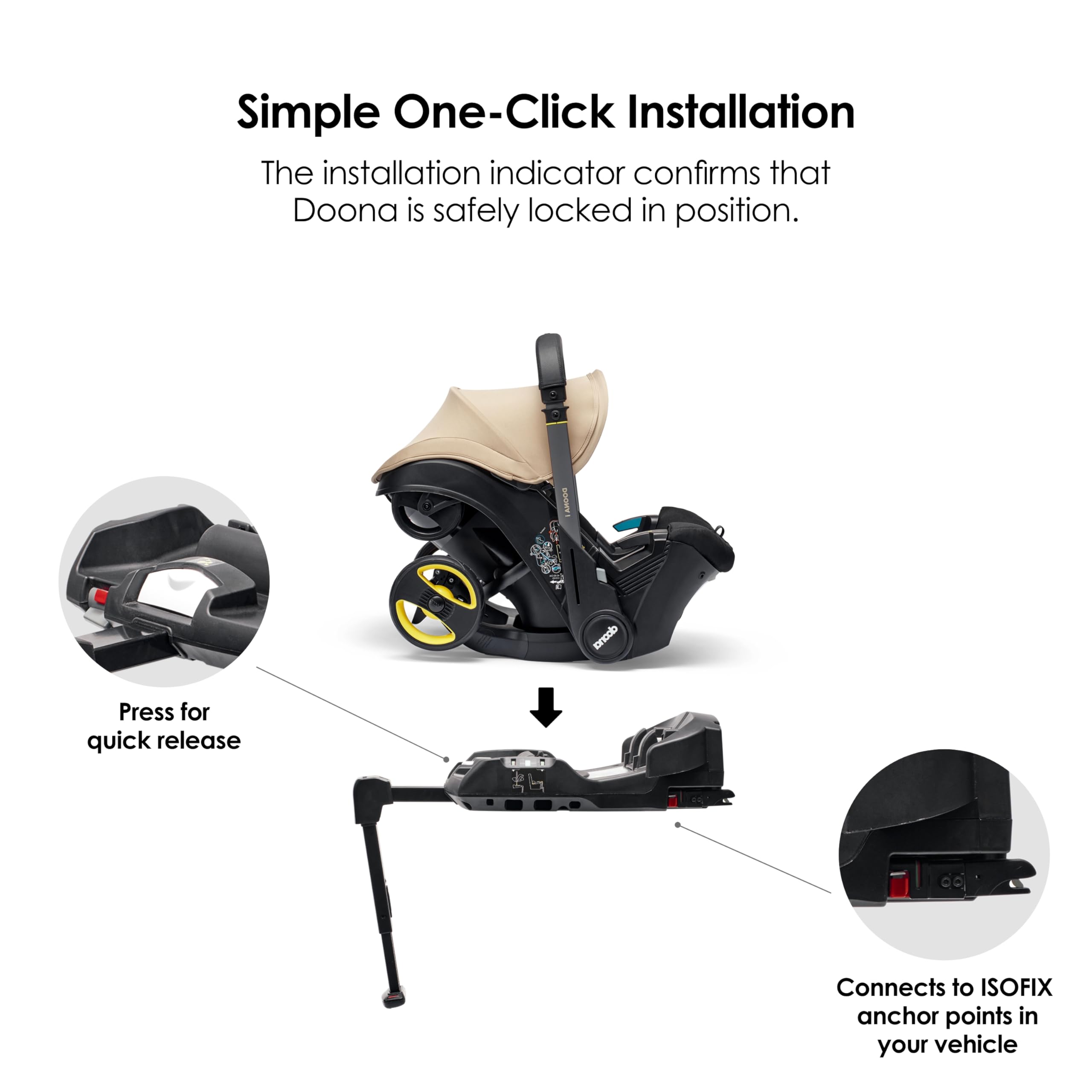 Doona i Baby Car Seat Isofix Base - Isofix Installazione Set i - Caratteristiche Indicatore di installazione per confermare che il seggiolino auto sia bloccato in posizione