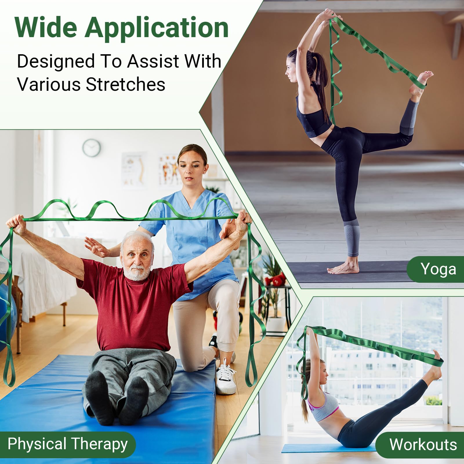 Correa elástica con trabillas para terapia física, correas de yoga para estirar con bucles, correas de pierna no elásticas para rehabilitación de rodilla, 8 pies de largo x 1.2 pulgadas de ancho