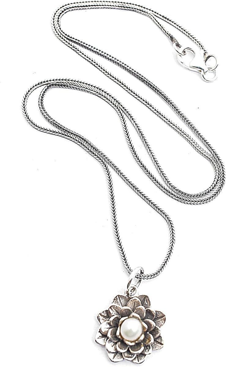 NOVICA Artisan Handmade Cultured Freshwater Pearl Pendant Necklace | .925 Sterling Silver | Floral White Birthstone | 'Sacred White Lotus' | Indonesia