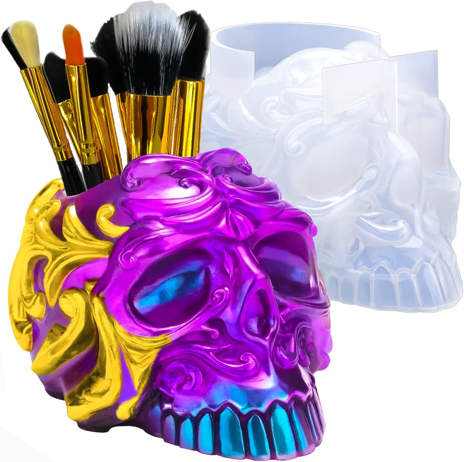 BSRESIN Resin Mold for Makeup Brush Holder, Skull Decor