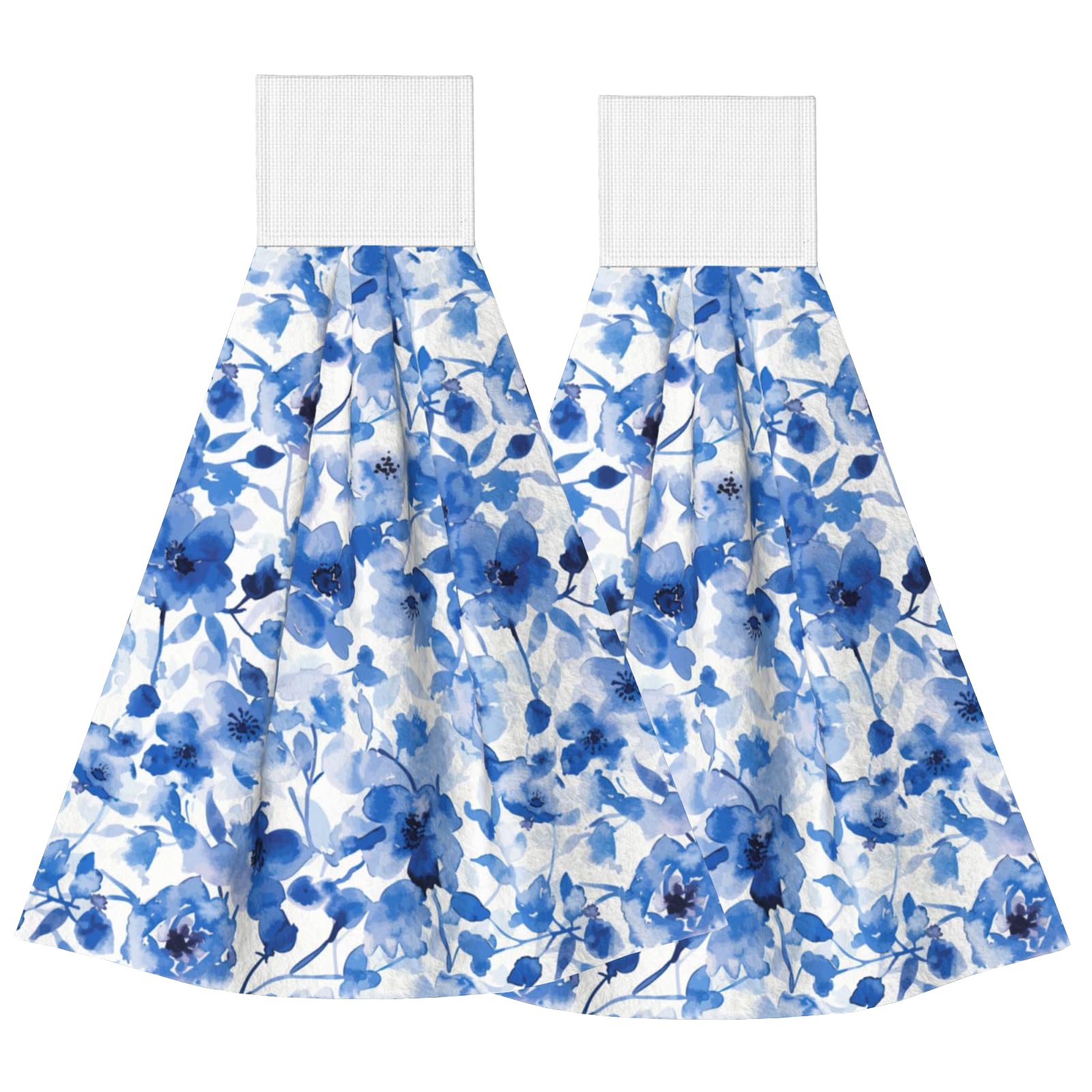 YINFILAN 2 Pcs Blue Watercolor Floral Hanging Kitchen Towels Rustic Art Flower Hand Towel with Hanging Loop Fast Drying Dish Washcloths Soft Absorbent