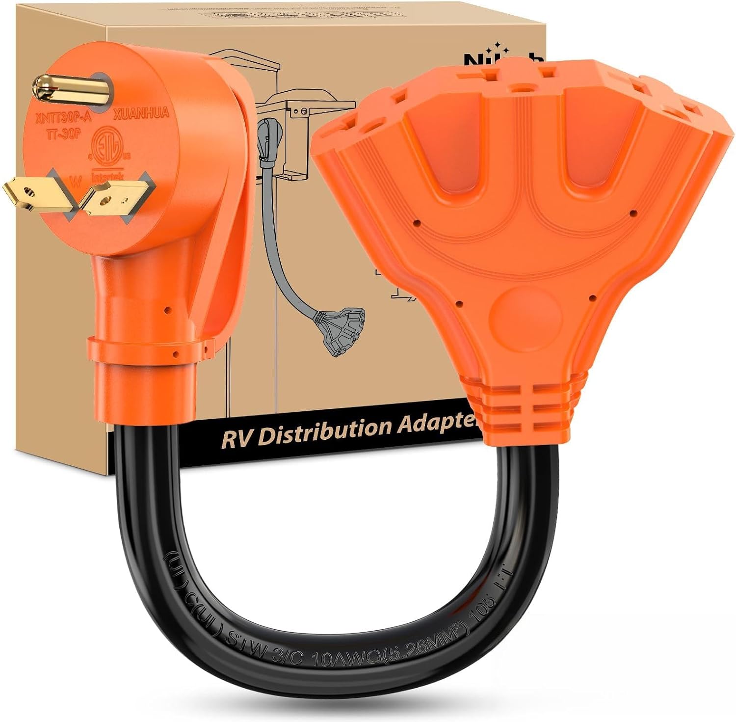 Nilight 30 Amp to 110V RV Power Adapter Cord NEMA TT-30P Male to 3X 5-15R/5-20R Female RV Distribution Adapter Plug ETL Listed 3-Way Outlets for RVs Camper Generator Household Outdoor Power Converter