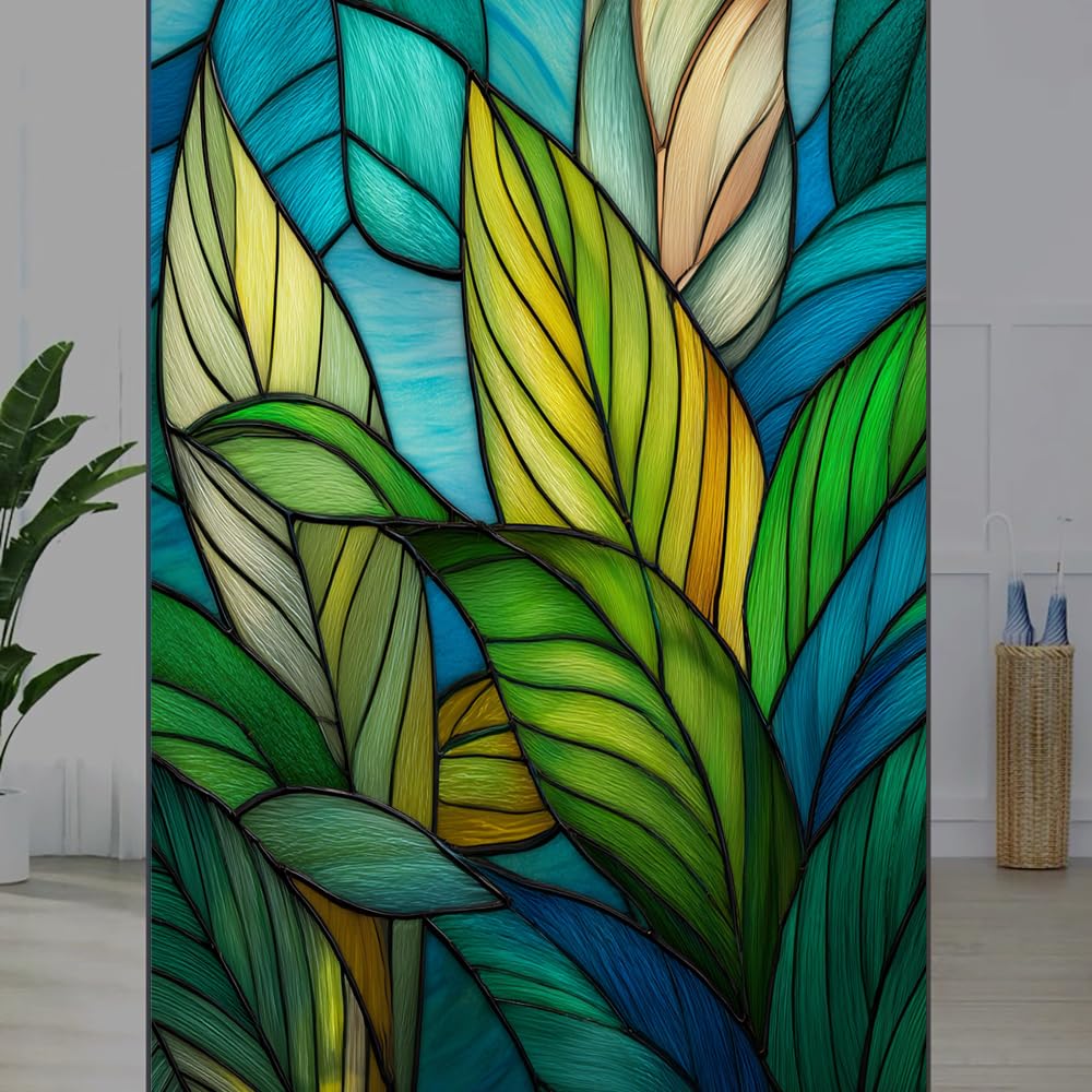 FOCCAFB Colorful Plants Stained Glass Window Film, Natural Tropical Leaves Peel and Stick Privacy Film, Frosted Adhesive Vinyl Decorative for Bathroom Windows Glass Doors, （40x80cm）