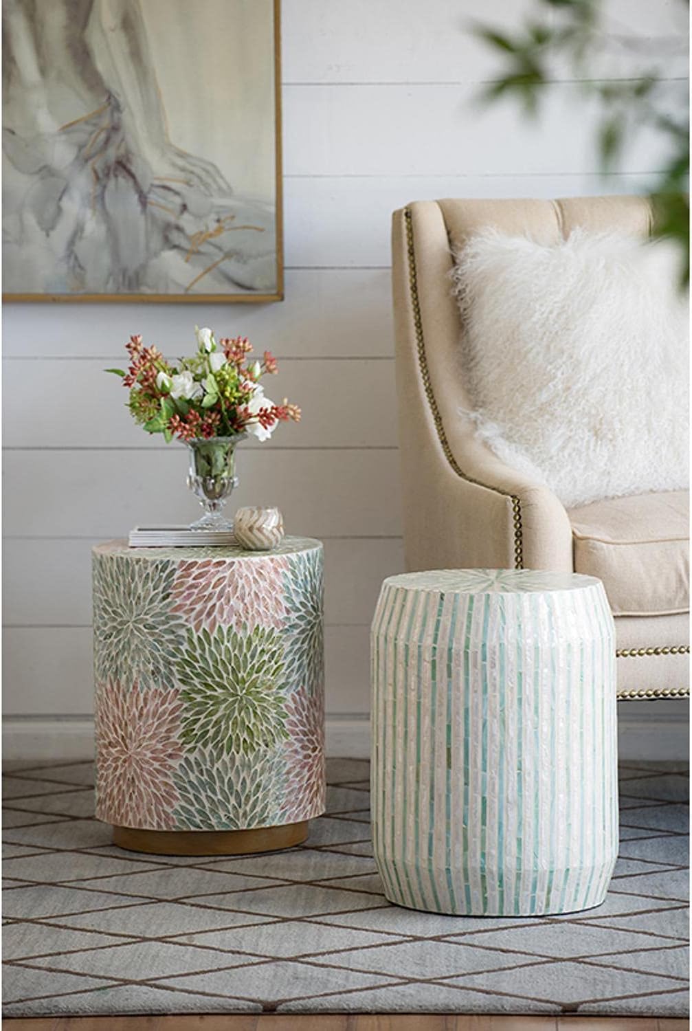 A&B Home Cylinder Capiz Stool - Red Green Blue Shell Inlays, 18'' Tall Seating, Home Décor Accent Side Table