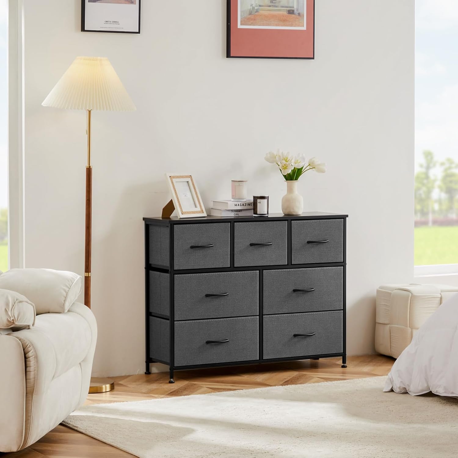 OLIXIS 7 Drawers Dresser for Bedroom, Fabric Storage Tower for Living Room, Entryway - Sturdy Steel Frame, Wooden Top & Easy Pull Fabric Bins, Closet Chests Organizer for Clothes, Classic Grey Grey 11.8"D x 39.4"W x 30"H (7 Drawers)
