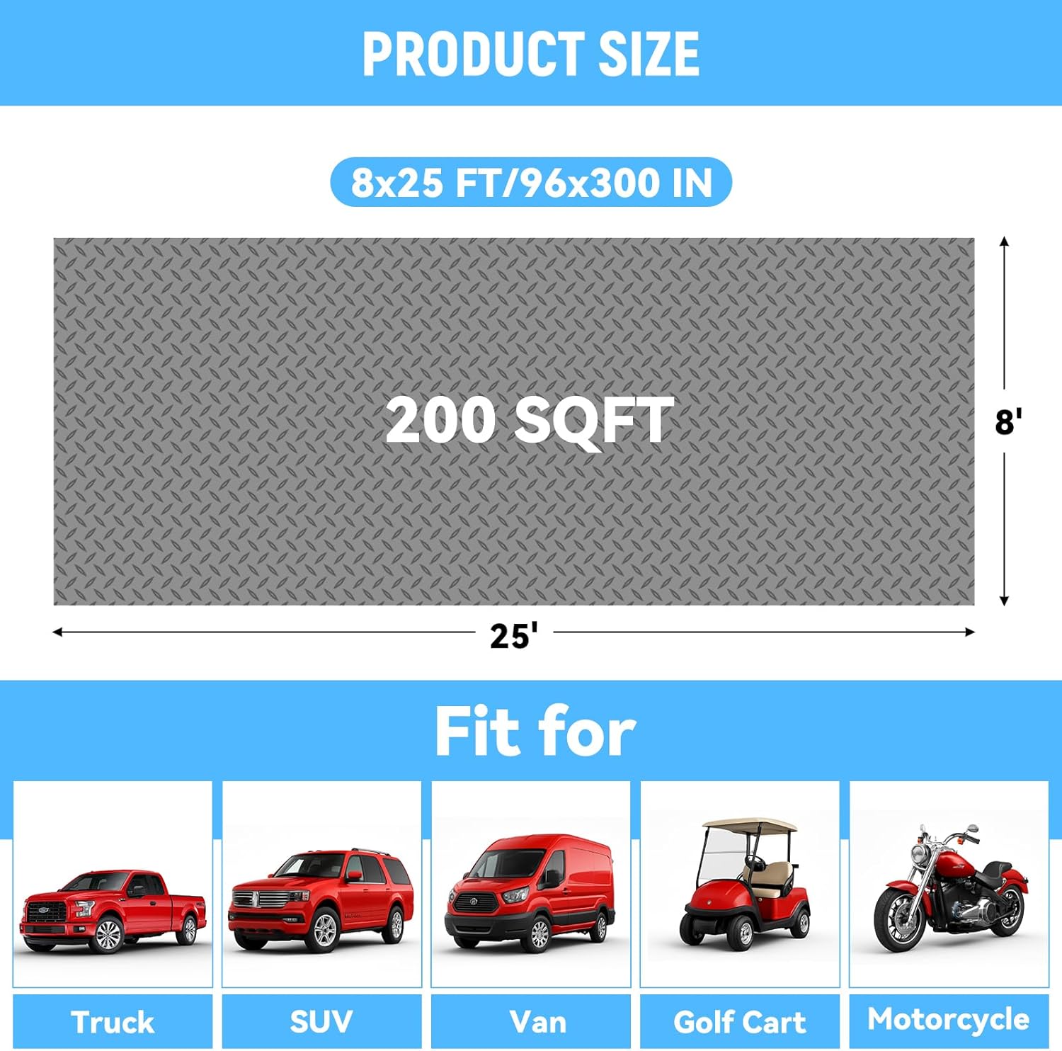 8x25 FT Garage Floor Mat, 2.8mm Thickened PVC Flooring Roll for Under Car, 200 SQFT Diamond Plate Gray Garage Mats for Garage, Warehouse, Basement, Gyms, Trailer（Included Tapes）