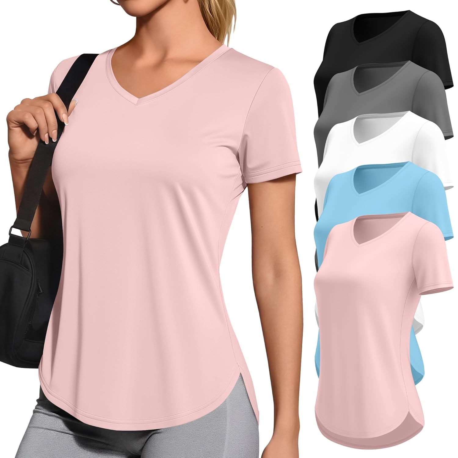 5 Pack Womens Workout Shirts V Neck Quick Dry Tops UPF 50 Short Sleeve UV Gym Basic Tee