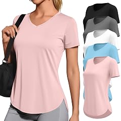 5 Pack Womens Workout Shirts V Neck Quick Dry Tops UPF 50 Short Sleeve UV Gym Basic Tee