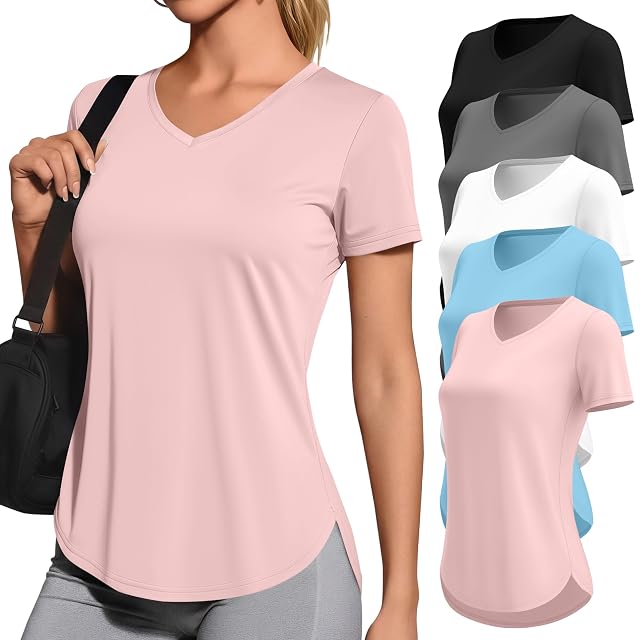 5 Pack Womens Workout Shirts V Neck Quick Dry Tops UPF 50 Short Sleeve UV Gym Basic Tee
