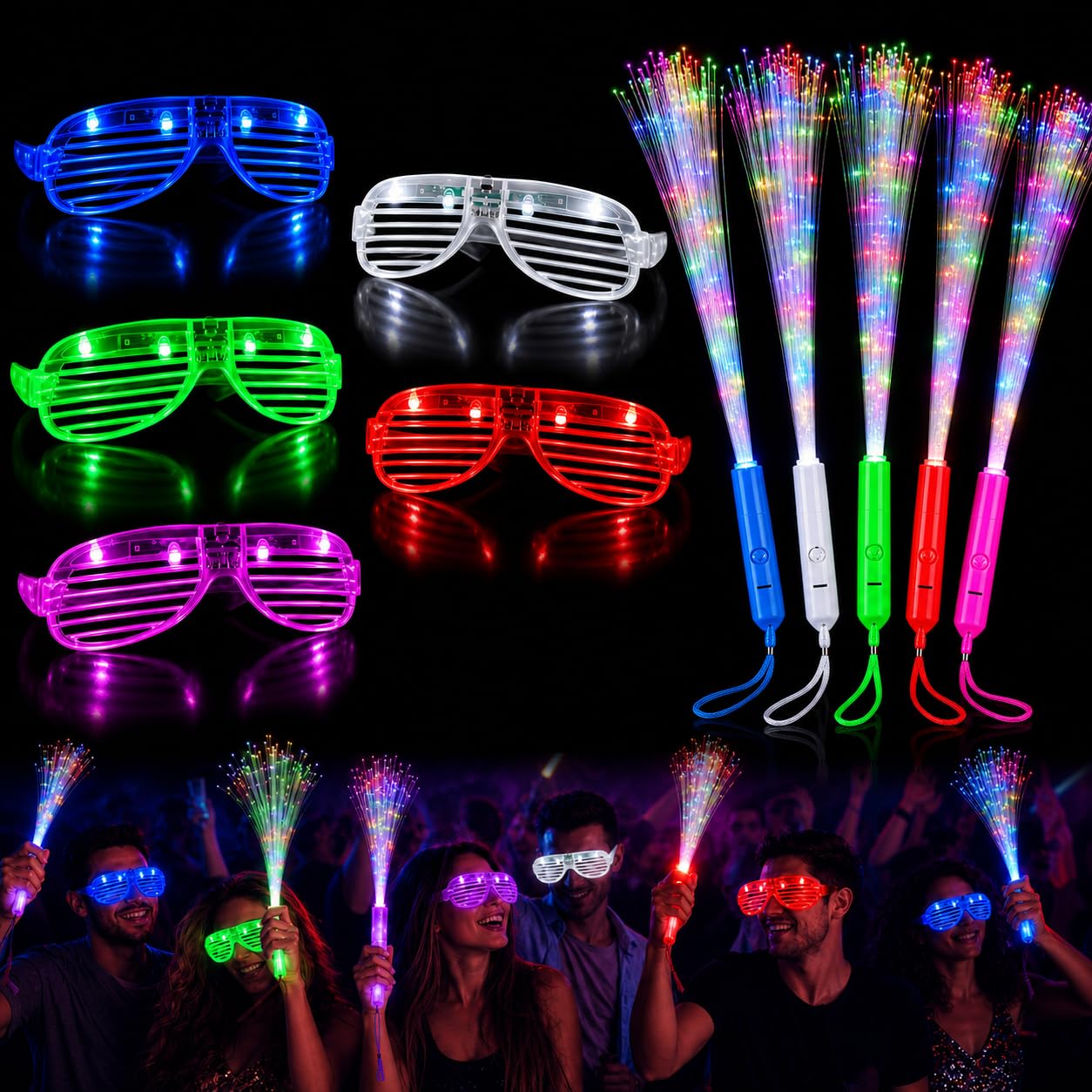 Iyxeo 40 PCS Glow in the Dark Party Supplies, 20 LED Glasses, 20 Glow Fibre Optic Wands for Neon Party, Wedding, Birthday, Concert, New Year, Glow Disco, Raves