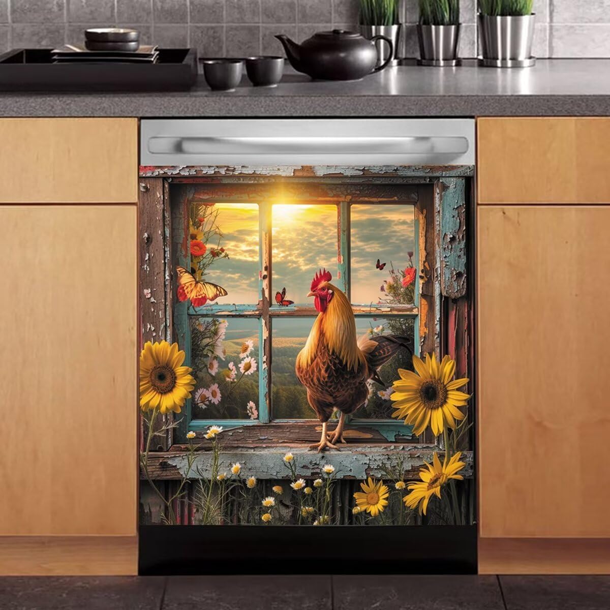 Farmhouse Decorative Dishwasher Cover, Farm Rooster Dishwasher Magnet Cover, Chicken Magnetic Vinyl Decal, Floral Front Dishwasher Sticker, Fridge Reusable Panel Decals, Magntic 23" x 26"