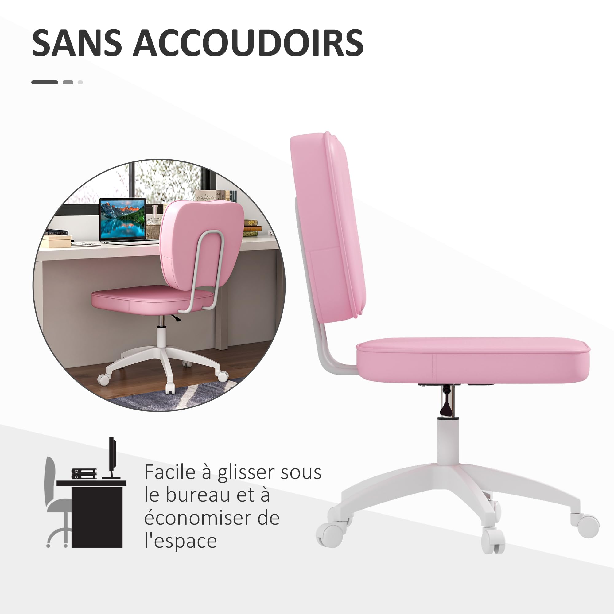 Vinsetto Chaise de Bureau sans Accoudoirs Hauteur Réglable Moderne Rose