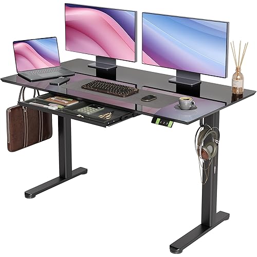 INNOVAR Glass Standing Desk with Drawers, 55×24 Inch Adjustable Stand Up Desk, Quick Install Home Office Computer Desk, Black