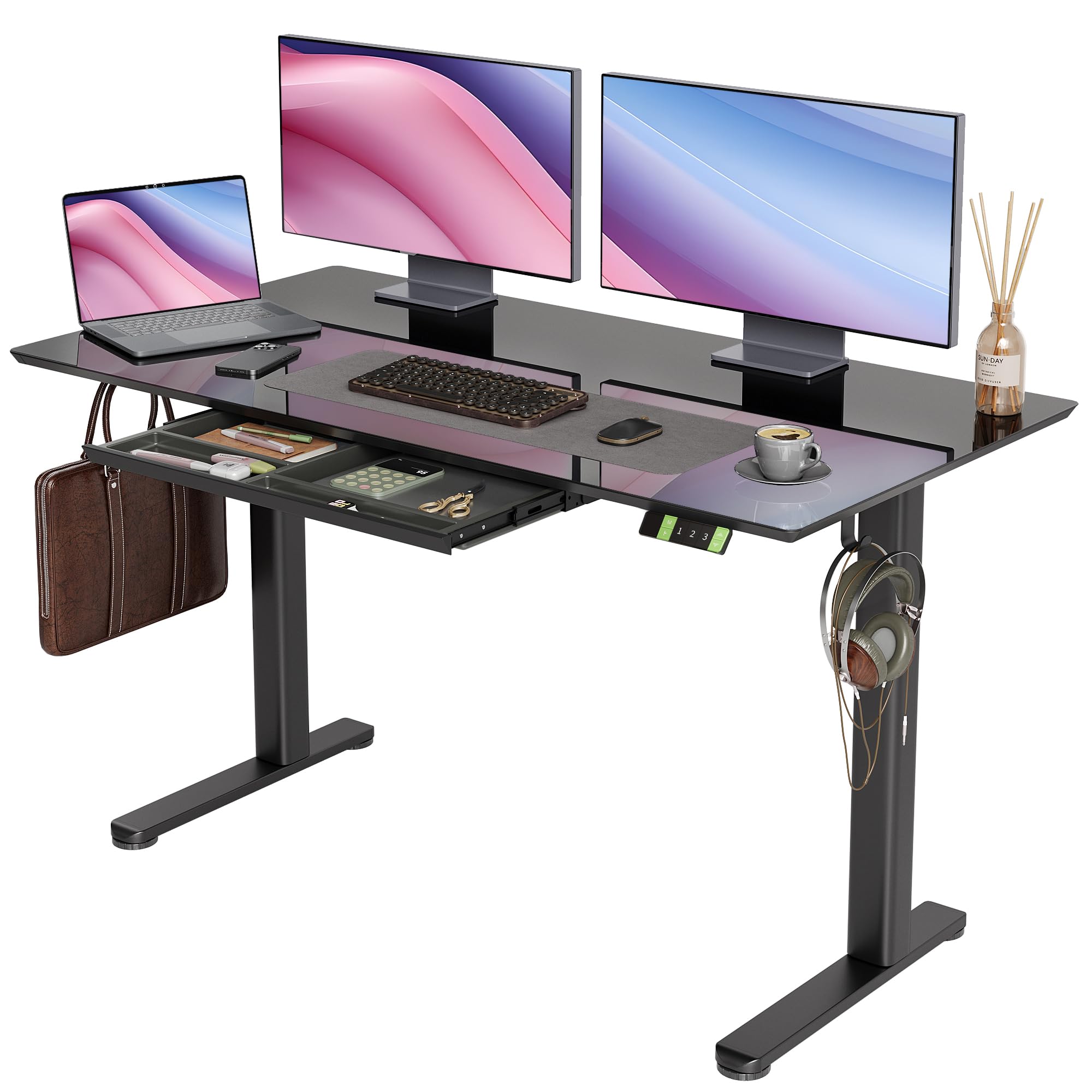 INNOVAR Glass Standing Desk with Drawers, 55×24 Inch Adjustable Stand Up Desk, Quick Install Home Office Computer Desk, Black