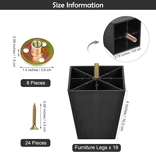 Miniatura 9 de TURSTIN Paquete de 8 patas de plástico para muebles de 4 pulgadas, patas cuadradas cónicas para sofá con tornillos en T para patas, sofás, sillas,