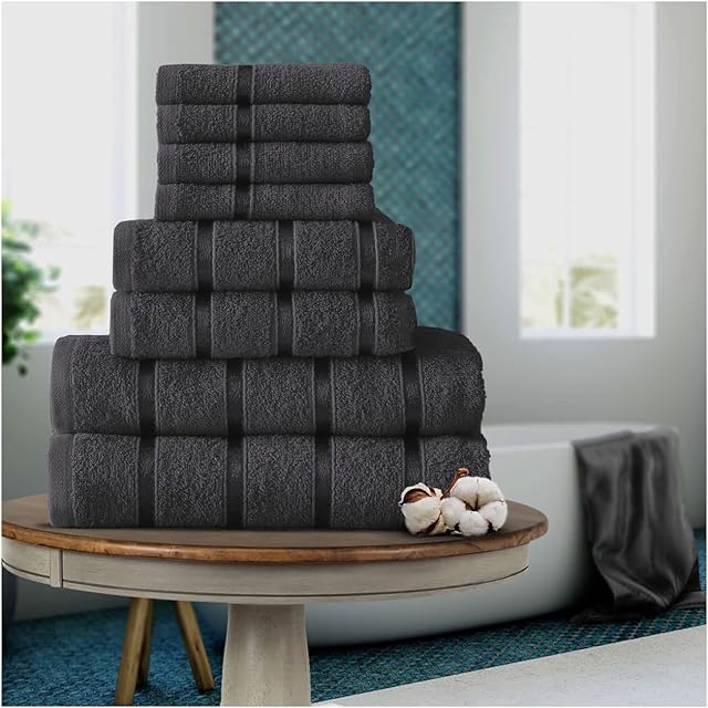 FAIRWAYUK 8-Piece Towels Bale Set for Bathroom, Ultra Soft Premium Quality Water Absorbent Towel Gift Sets, 100% Egyptian Cotton, 4x Face 2x Hand 2x Bath Towels, Dark-Grey