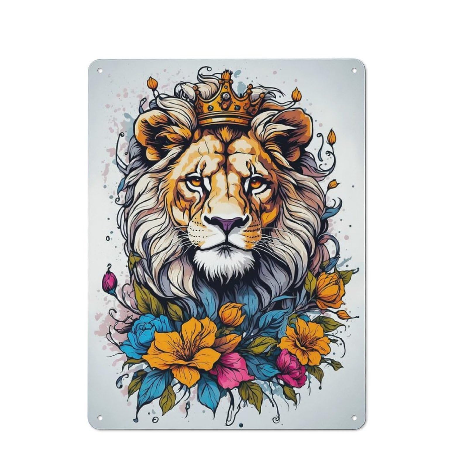Junmoney Lion Floral Rustic Tin Sign 40X30cm Featuring For Bar Or Restaurant, A Housewarming Gift For Bar Decor Enthusiasts