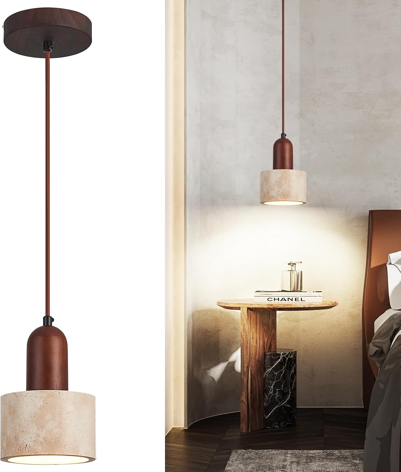 Japanese Wabi sabi Pendant Light Fixture,Modern Wood Hanging Lamp with Natural Stone Shade, Adjustable Height Pendant Lamp for Kitchen Island,Bedroom,Dining Room,Restaurant,Cafe(2-Pack)