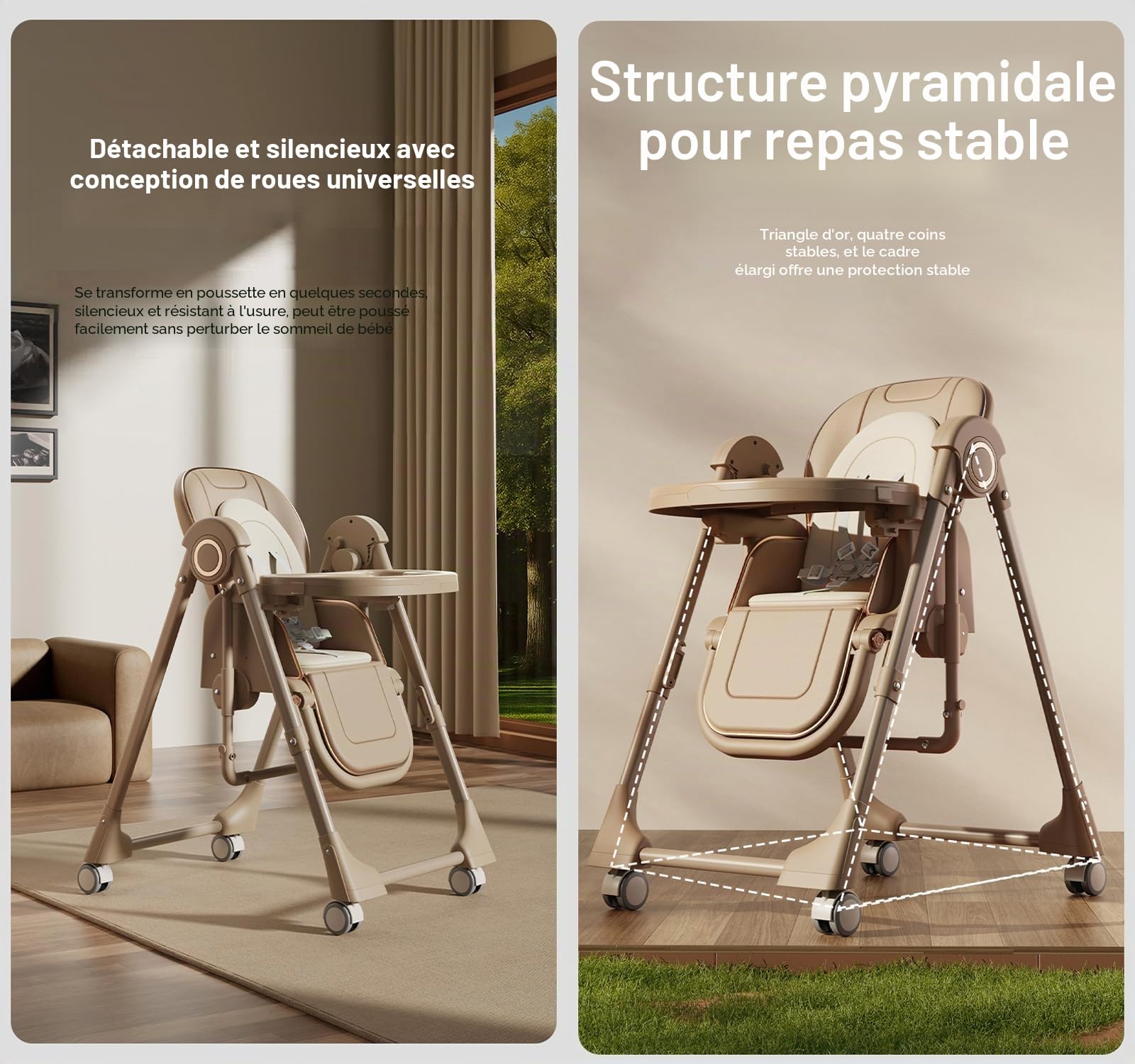 Magic ZC Cuir PU Chaise Haute pour Multifonctionnelle Bébé Chaise de Salle à Manger avec Hauteurs Réglables et Positions Pliable Convertible avec Doubles Plateaux (X8121 Khaki)